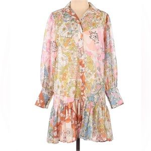 Pink Ripple Retro Floral long sleeve shift dress